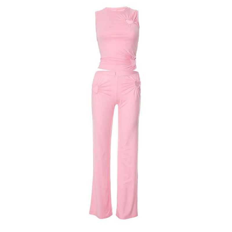 Hollow out ruched crewneck solid pant set