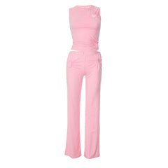 Hollow out ruched crewneck solid pant set