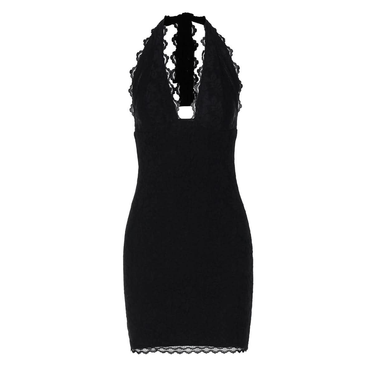 Halter self tie lace hem v neck mini dress