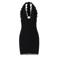 Halter self tie lace hem v neck mini dress