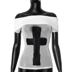 Off shoulder mesh cross pattern tube top