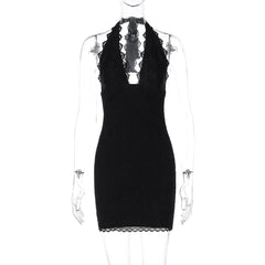 Halter self tie lace hem v neck mini dress