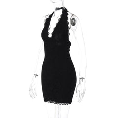Halter self tie lace hem v neck mini dress