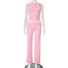 Hollow out ruched crewneck solid pant set