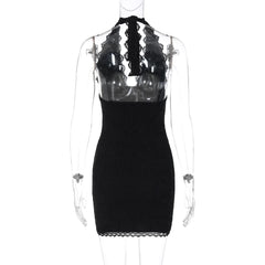 Halter self tie lace hem v neck mini dress