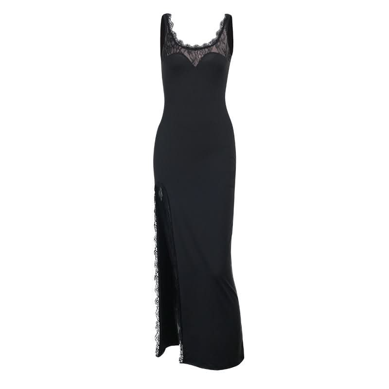 Lace hem u neck slit backless cami maxi dress