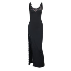 Lace hem u neck slit backless cami maxi dress