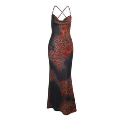 Leopard print self tie cowl neck cami maxi dress