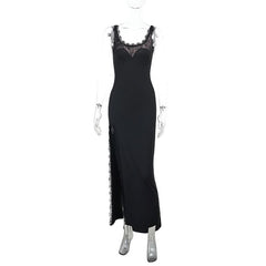 Lace hem u neck slit backless cami maxi dress