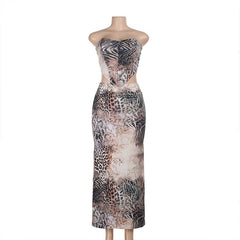 Leopard print corset backless tube maxi skirt set