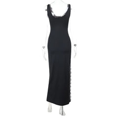 Lace hem u neck slit backless cami maxi dress