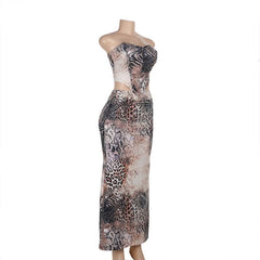 Leopard print corset backless tube maxi skirt set