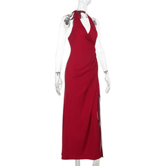 V neck halter self tie slit ruched maxi dress