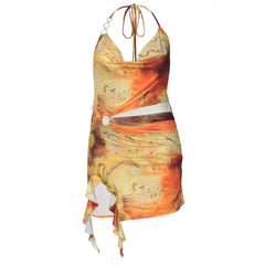 Cowl neck o ring halter self tie print mini dress