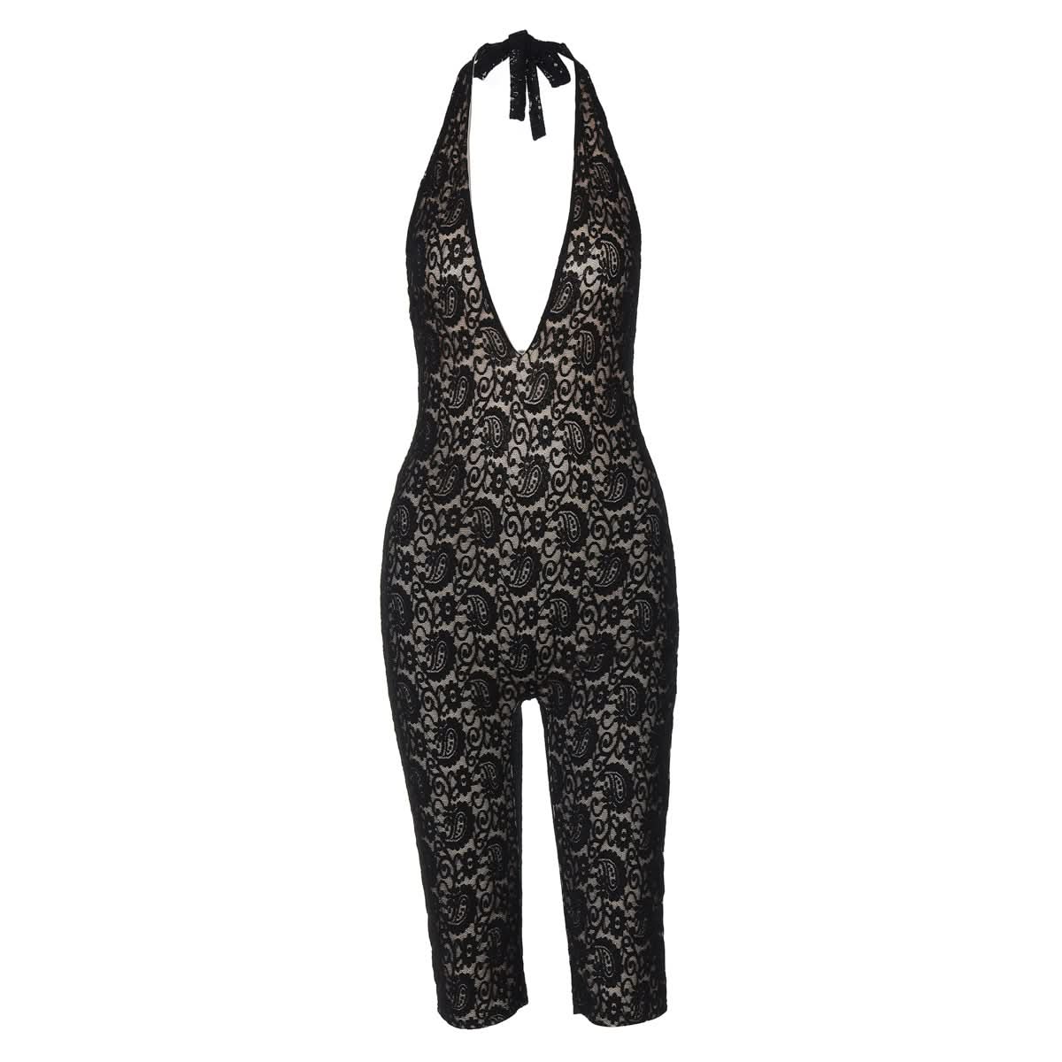 Halter self tie v neck lace backless romper