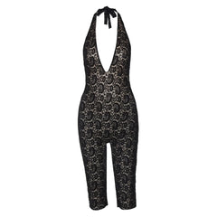 Halter self tie v neck lace backless romper