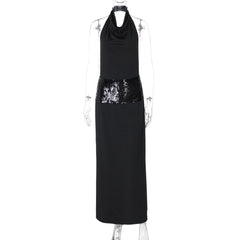Halter cowl neck glitter backless maxi dress