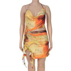 Cowl neck o ring halter self tie print mini dress