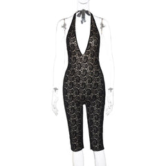 Halter self tie v neck lace backless romper