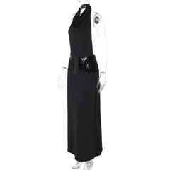 Halter cowl neck glitter backless maxi dress