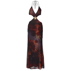 Hollow out halter self tie v neck slit cut out maxi dress