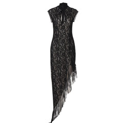 Irregular hollow out self tie zip-up lace cut out midi dress