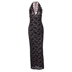 Slit self tie halter lace v neck maxi dress