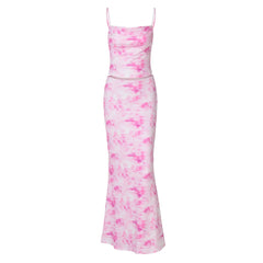 Square neck print backless cami maxi skirt set
