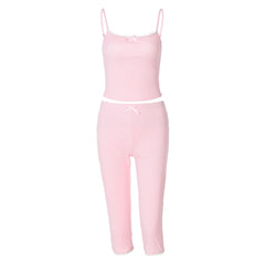 Lace hem bowknot ribbed u neck cami pant set