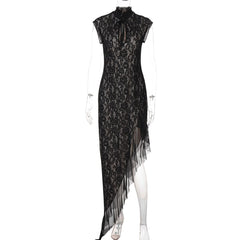 Irregular hollow out self tie zip-up lace cut out midi dress