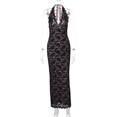 Slit self tie halter lace v neck maxi dress