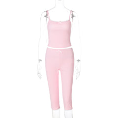 Lace hem bowknot ribbed u neck cami pant set