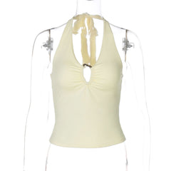 Hollow out ruched halter self tie backless cut out top