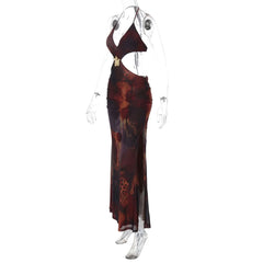 Hollow out halter self tie v neck slit cut out maxi dress
