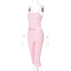 Lace hem bowknot ribbed u neck cami pant set