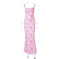 Square neck print backless cami maxi skirt set