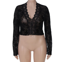 Long sleeve lace V neck see through button top