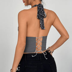 Halter v neck leopard print lace hem corset top