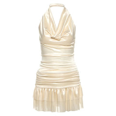 Cowl neck ruched halter ruffle mini skirt set