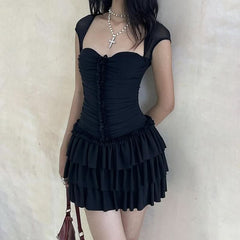 Ruched ruffle mesh backless mini dress