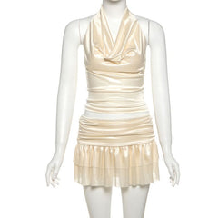 Cowl neck ruched halter ruffle mini skirt set