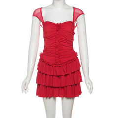 Ruched ruffle mesh backless mini dress
