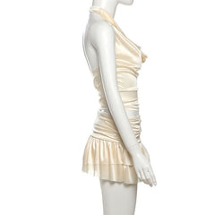 Cowl neck ruched halter ruffle mini skirt set