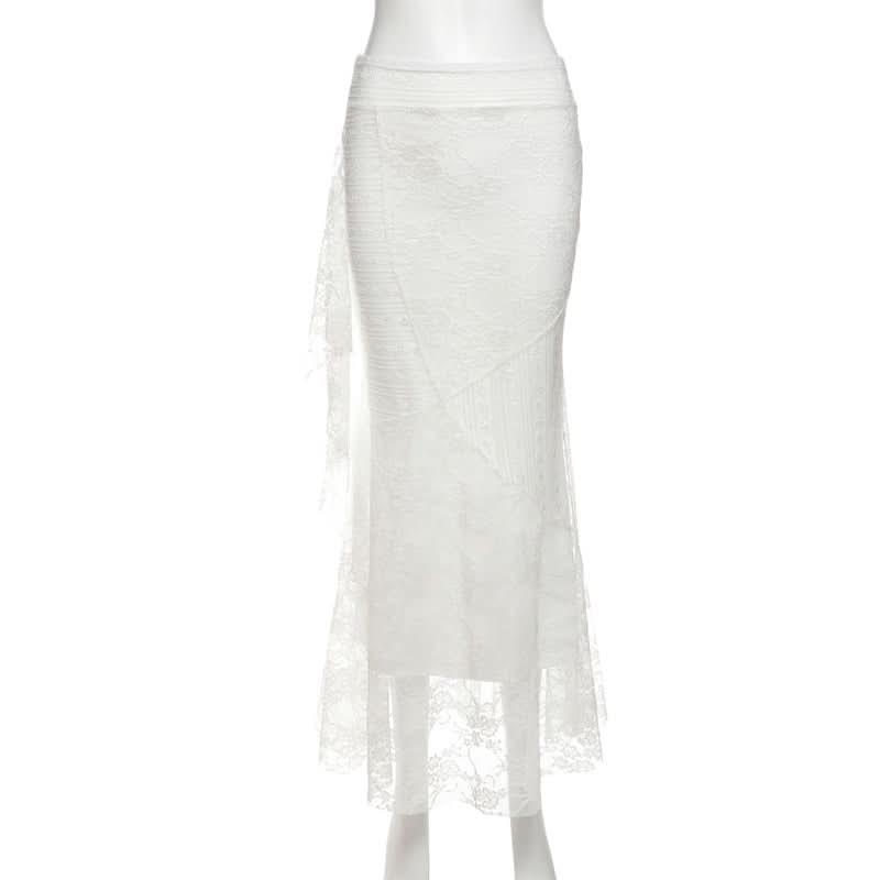 Lace ruffle irregular maxi skirt