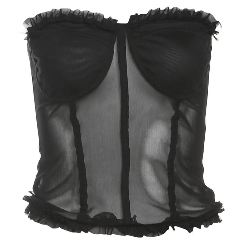 Sweetheart neck ruffle mesh backless top