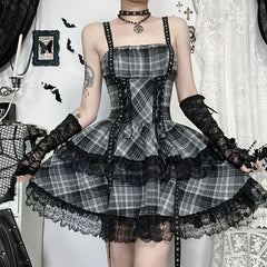 Plaid lace hem lace up cami mini dress