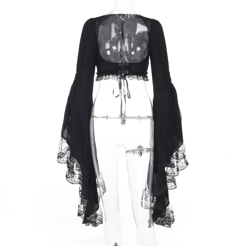 Long flared sleeve lace hem shrug top