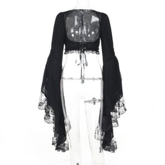 Long flared sleeve lace hem shrug top