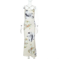 Flower print cross back lace up cami maxi dress