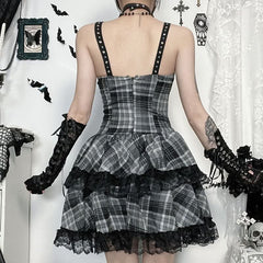 Plaid lace hem lace up cami mini dress